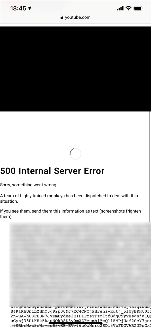 Youtubeが再生できない 500 Internal Server Error エラー サル表示 になる障害発生中 18年10月26日